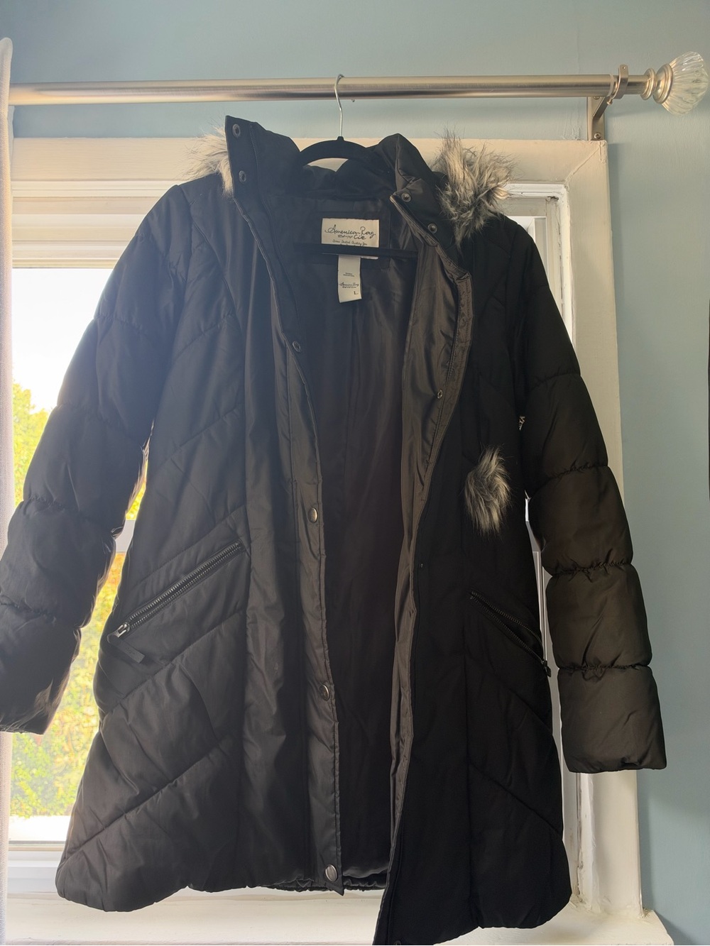 American Rag Black Quilted Long Puffer Coat with Faux Fur Trim
